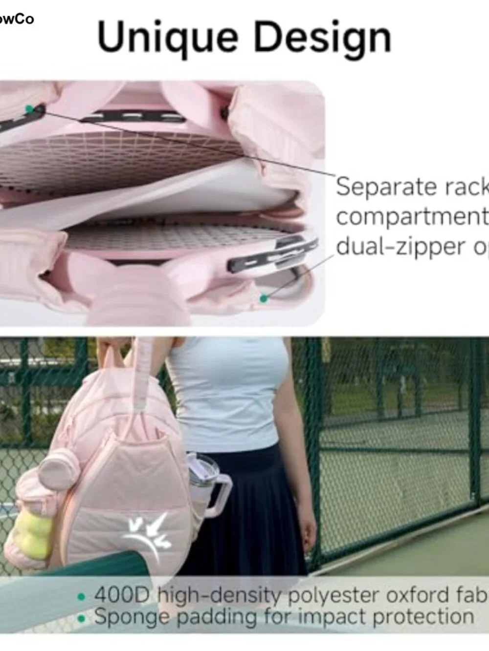 Tennis Backpack Holds 2 Rackets 400D Polyester Oxford Shoe Compartment